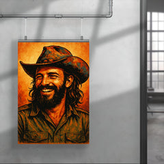 Camilo Cienfuegos smiling beneath a battered revolutionary brim poster 4