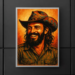 Camilo Cienfuegos smiling beneath a battered revolutionary brim poster 5