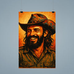 Camilo Cienfuegos smiling beneath a battered revolutionary brim poster 9