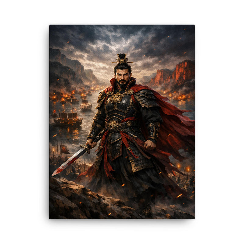 Cao Cao at Red Cliffs before inferno canvas print on a plain backdrop in size 18