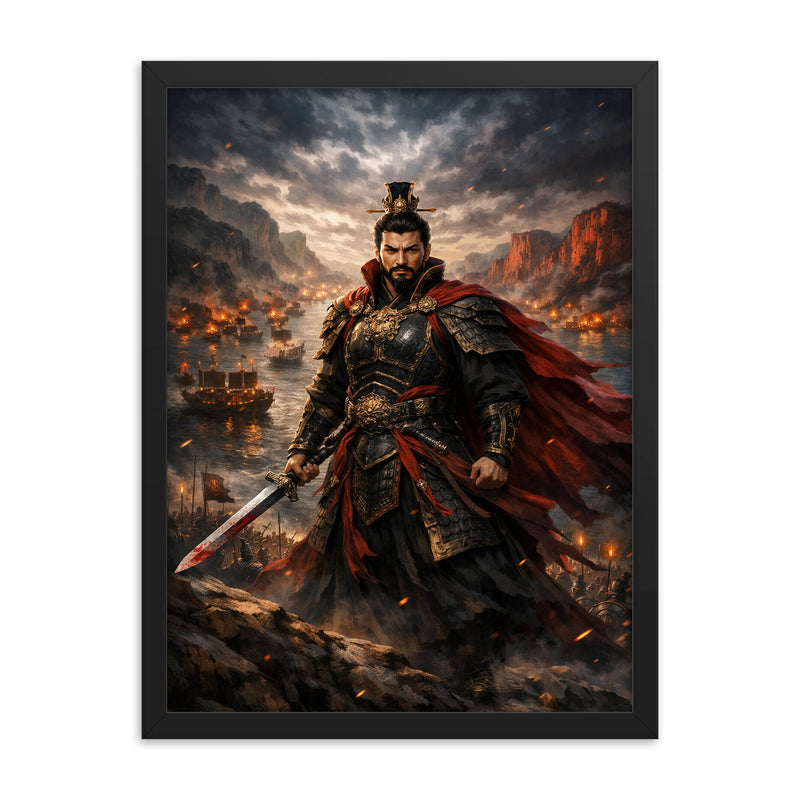 Cao Cao at Red Cliffs before inferno framed print on a plain backdrop in size 18