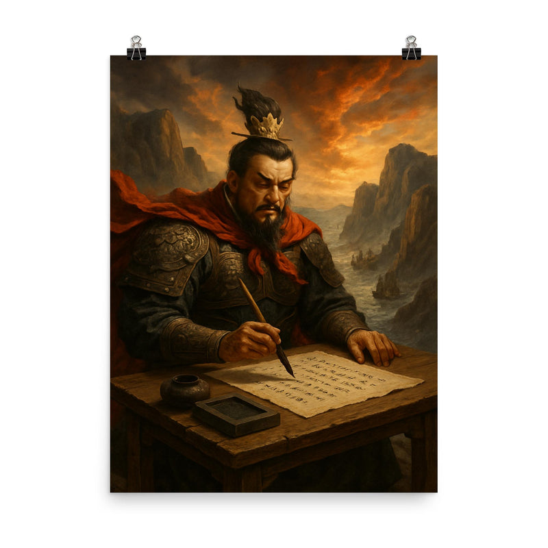 Cao Cao composing poetry before Red Cliffs campaign poster on a plain backdrop in size 8