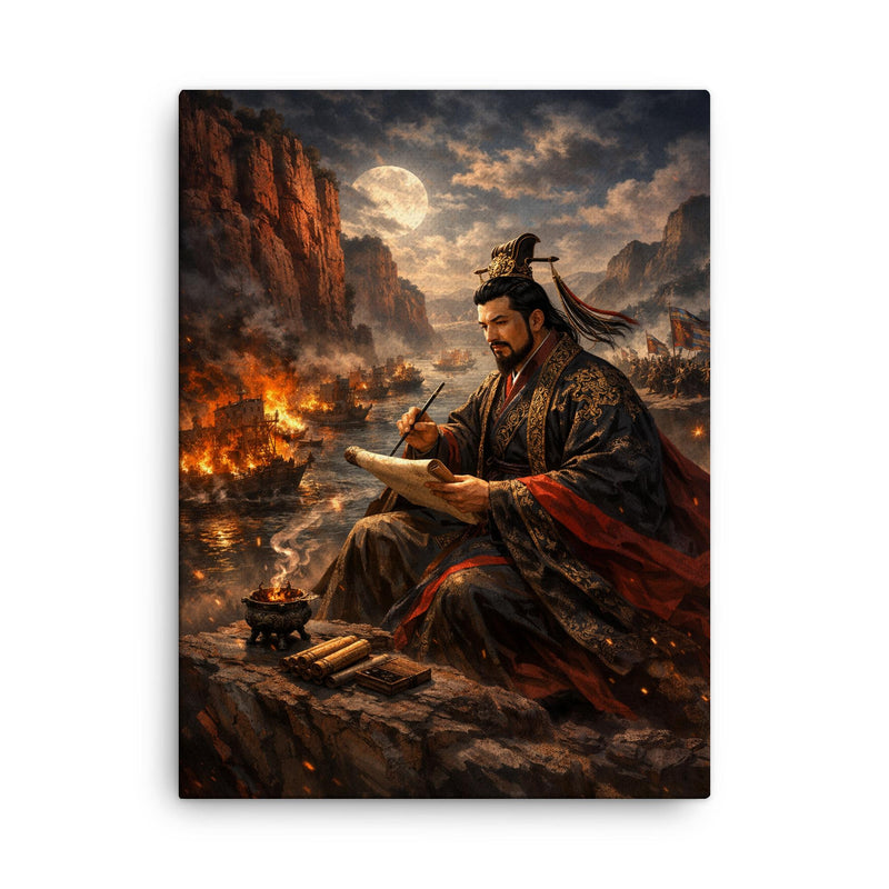 Cao Cao composing poetry before Red Cliffs canvas print on a plain backdrop in size 18