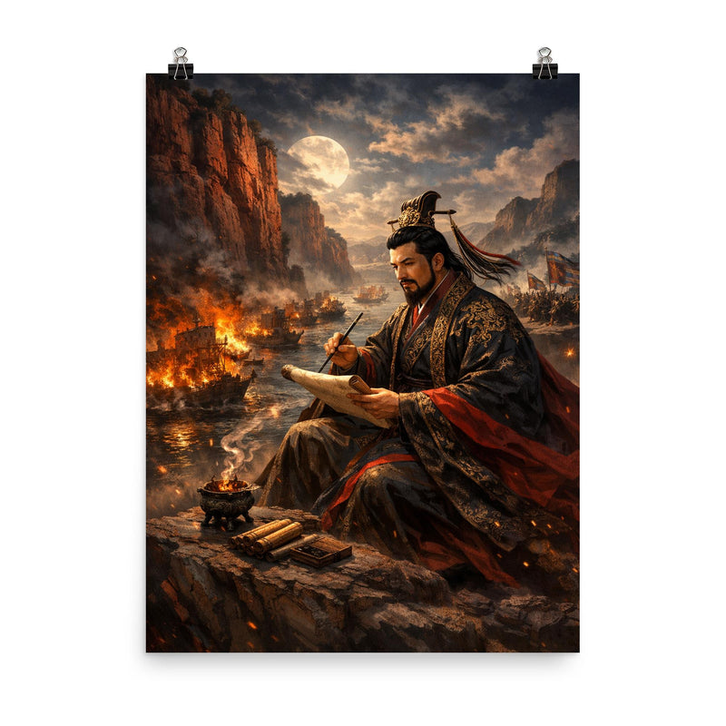 Cao Cao composing poetry before Red Cliffs poster on a plain backdrop in size 8