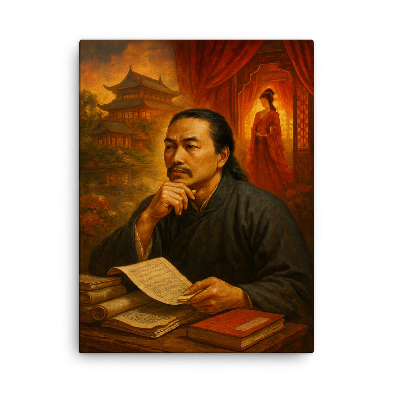 Cao Xueqin among red chamber memories canvas print on a plain backdrop in size 18
