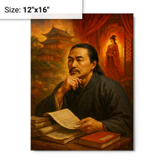 Cao Xueqin among red chamber memories metal print on a plain backdrop in size 12"x16".