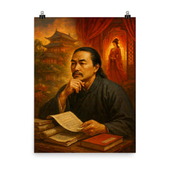 Cao Xueqin among red chamber memories poster on a plain backdrop in size 8"x10".