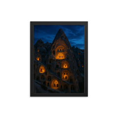 Cappadocia cave monasteries at blue hour framed print on a plain backdrop in size 12"x16".
