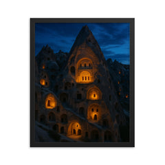 Cappadocia cave monasteries at blue hour framed print on a plain backdrop in size 16"x20".