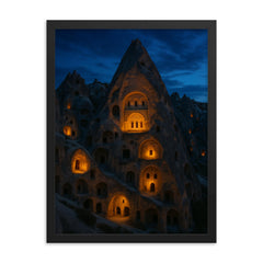 Cappadocia cave monasteries at blue hour framed print on a plain backdrop in size 18"x24".