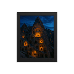 Cappadocia cave monasteries at blue hour framed print on a plain backdrop in size 8"x10".