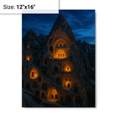 Cappadocia cave monasteries at blue hour metal print on a plain backdrop in size 12"x16".