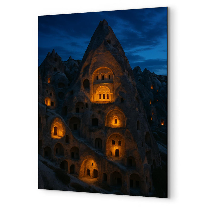 Cappadocia cave monasteries at blue hour metal print mockup