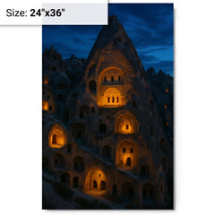 Cappadocia cave monasteries at blue hour metal print on a plain backdrop in size 24"x36".
