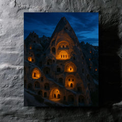 Cappadocia cave monasteries at blue hour metal print mockup
