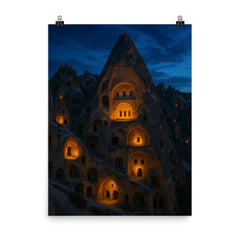 Cappadocia cave monasteries at blue hour poster on a plain backdrop in size 8"x10".