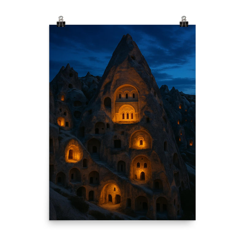Cappadocia cave monasteries at blue hour poster on a plain backdrop in size 8