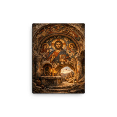 Cappadocia cave sanctuary with Byzantine fresco fragments canvas print on a plain backdrop in size 12"x16".