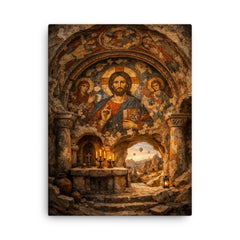 Cappadocia cave sanctuary with Byzantine fresco fragments canvas print on a plain backdrop in size 18"x24".