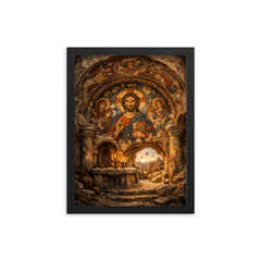 Cappadocia cave sanctuary with Byzantine fresco fragments framed print on a plain backdrop in size 12"x16".