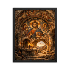 Cappadocia cave sanctuary with Byzantine fresco fragments framed print on a plain backdrop in size 16"x20".