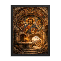 Cappadocia cave sanctuary with Byzantine fresco fragments framed print on a plain backdrop in size 18"x24".