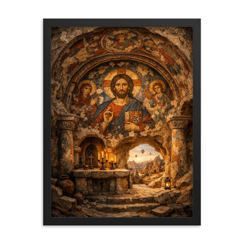 Cappadocia cave sanctuary with Byzantine fresco fragments framed print on a plain backdrop in size 18