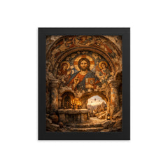 Cappadocia cave sanctuary with Byzantine fresco fragments framed print on a plain backdrop in size 8"x10".