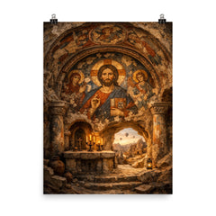 Cappadocia cave sanctuary with Byzantine fresco fragments poster on a plain backdrop in size 8"x10".
