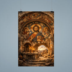 Cappadocia cave sanctuary with Byzantine fresco fragments poster 9