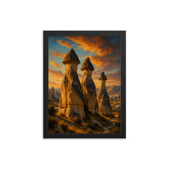 Cappadocia Fairy Chimneys Turkey framed print on a plain backdrop in size 12"x16".