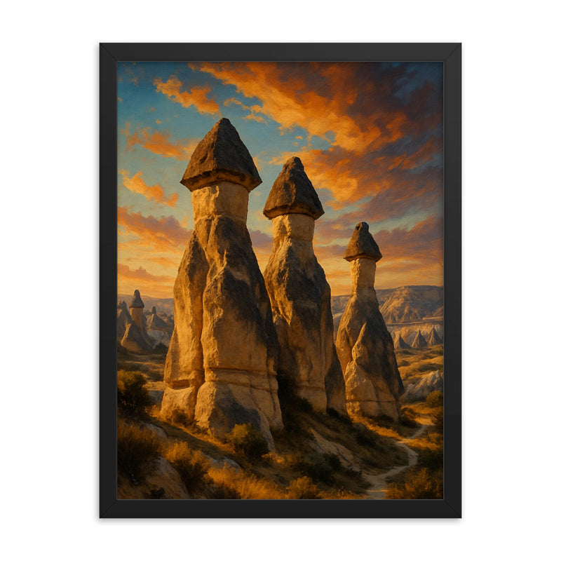 Cappadocia Fairy Chimneys Turkey framed print on a plain backdrop in size 18