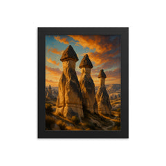 Cappadocia Fairy Chimneys Turkey framed print on a plain backdrop in size 8"x10".
