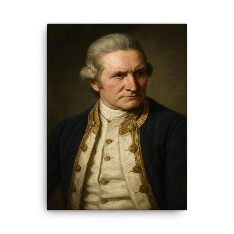 Captain James Cook portrait canvas print on a plain backdrop in size 18