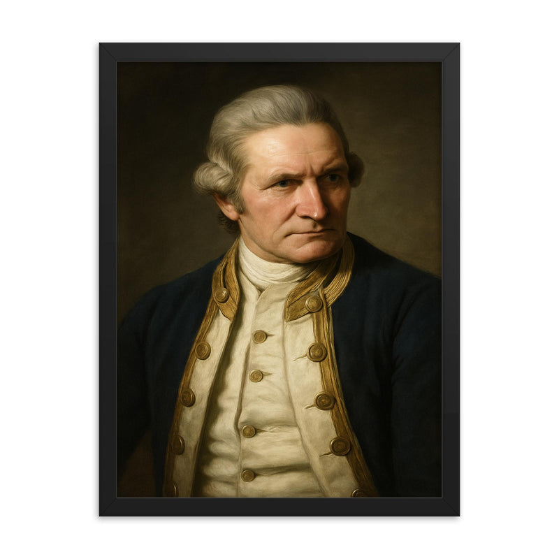 Captain James Cook portrait framed print on a plain backdrop in size 18