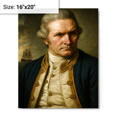 Captain James Cook portrait metal print on a plain backdrop in size 16"x20".