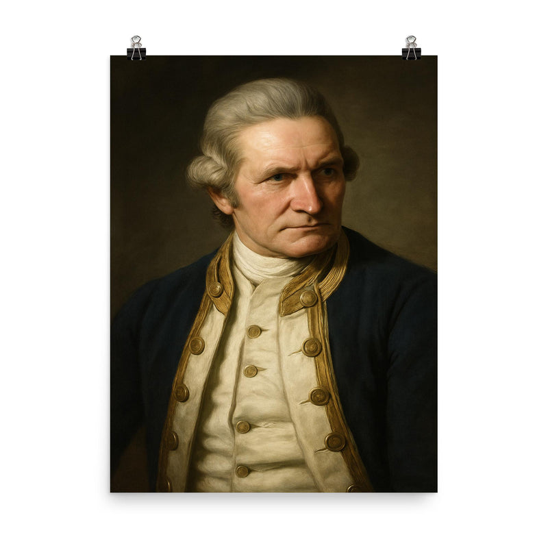 Captain James Cook portrait poster on a plain backdrop in size 8