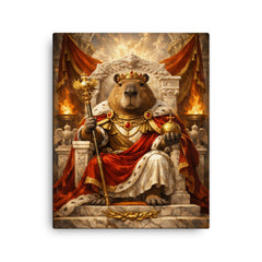 Capybara emperor on marble throne canvas print on a plain backdrop in size 16"x20".