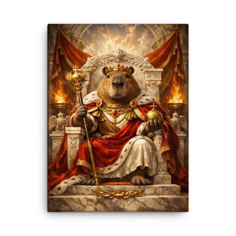 Capybara emperor on marble throne canvas print on a plain backdrop in size 18