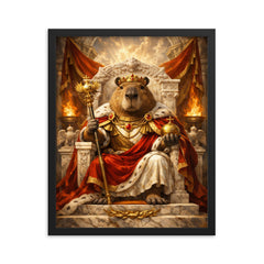Capybara emperor on marble throne framed print on a plain backdrop in size 16"x20".