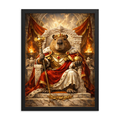 Capybara emperor on marble throne framed print on a plain backdrop in size 18"x24".