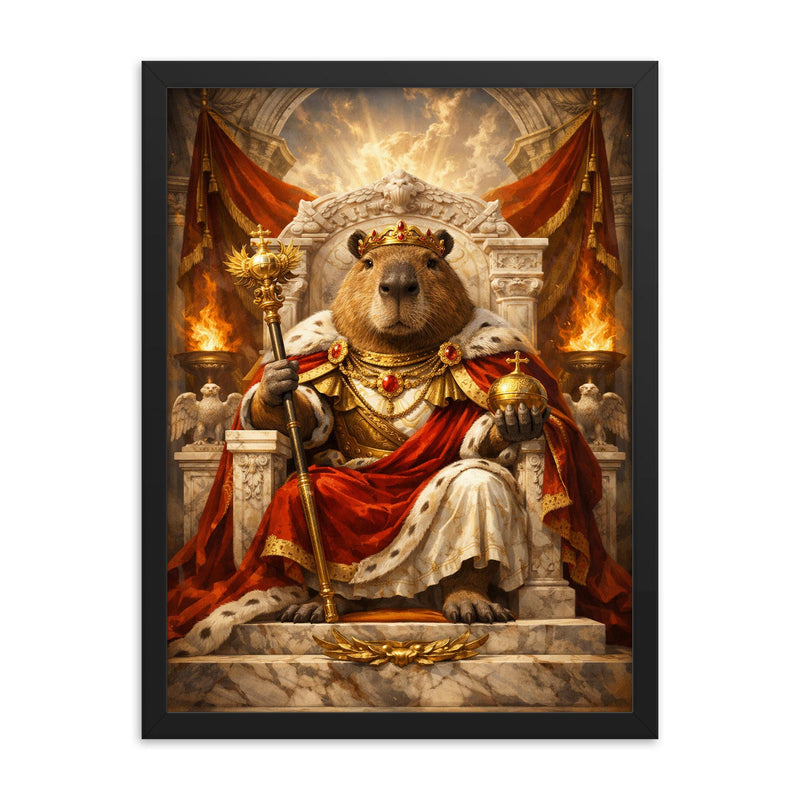 Capybara emperor on marble throne framed print on a plain backdrop in size 18