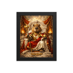 Capybara emperor on marble throne framed print on a plain backdrop in size 8"x10".