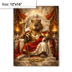 Capybara emperor on marble throne metal print on a plain backdrop in size 12"x16".