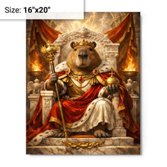 Capybara emperor on marble throne metal print on a plain backdrop in size 16"x20".