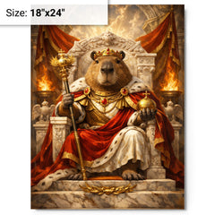 Capybara emperor on marble throne metal print on a plain backdrop in size 18"x24".