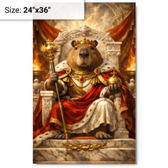 Capybara emperor on marble throne metal print on a plain backdrop in size 24"x36".