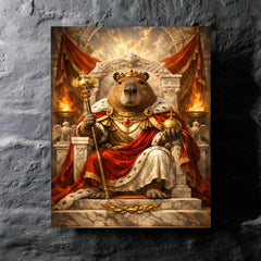 Capybara emperor on marble throne metal print mockup