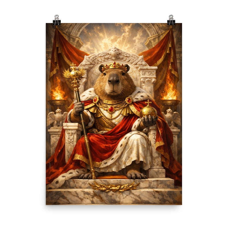 Capybara emperor on marble throne poster on a plain backdrop in size 8