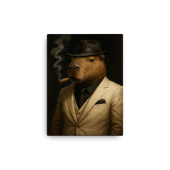 Capybara gangster in white suit beside cigar smoke canvas print on a plain backdrop in size 12"x16".